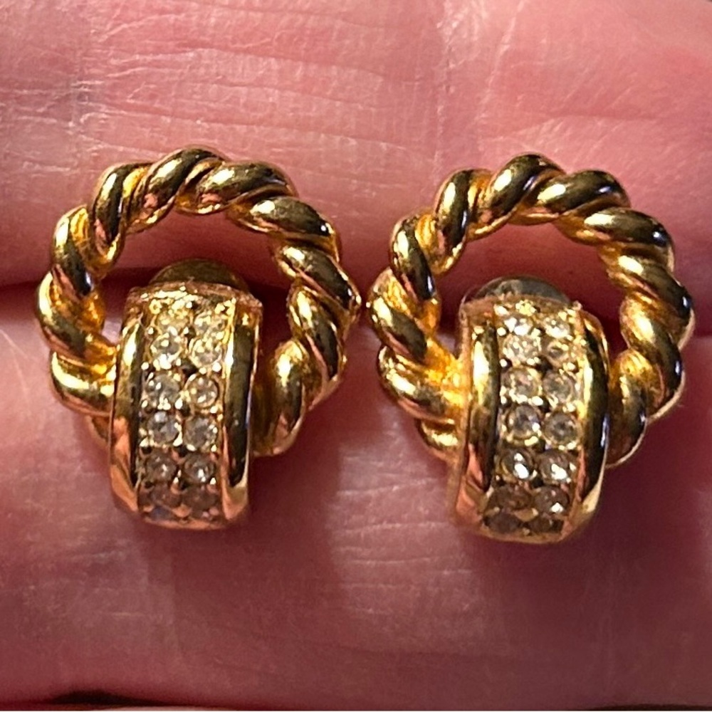 Vintage Christian Dior Gold Tone & CZ Stone Pierced Earrings